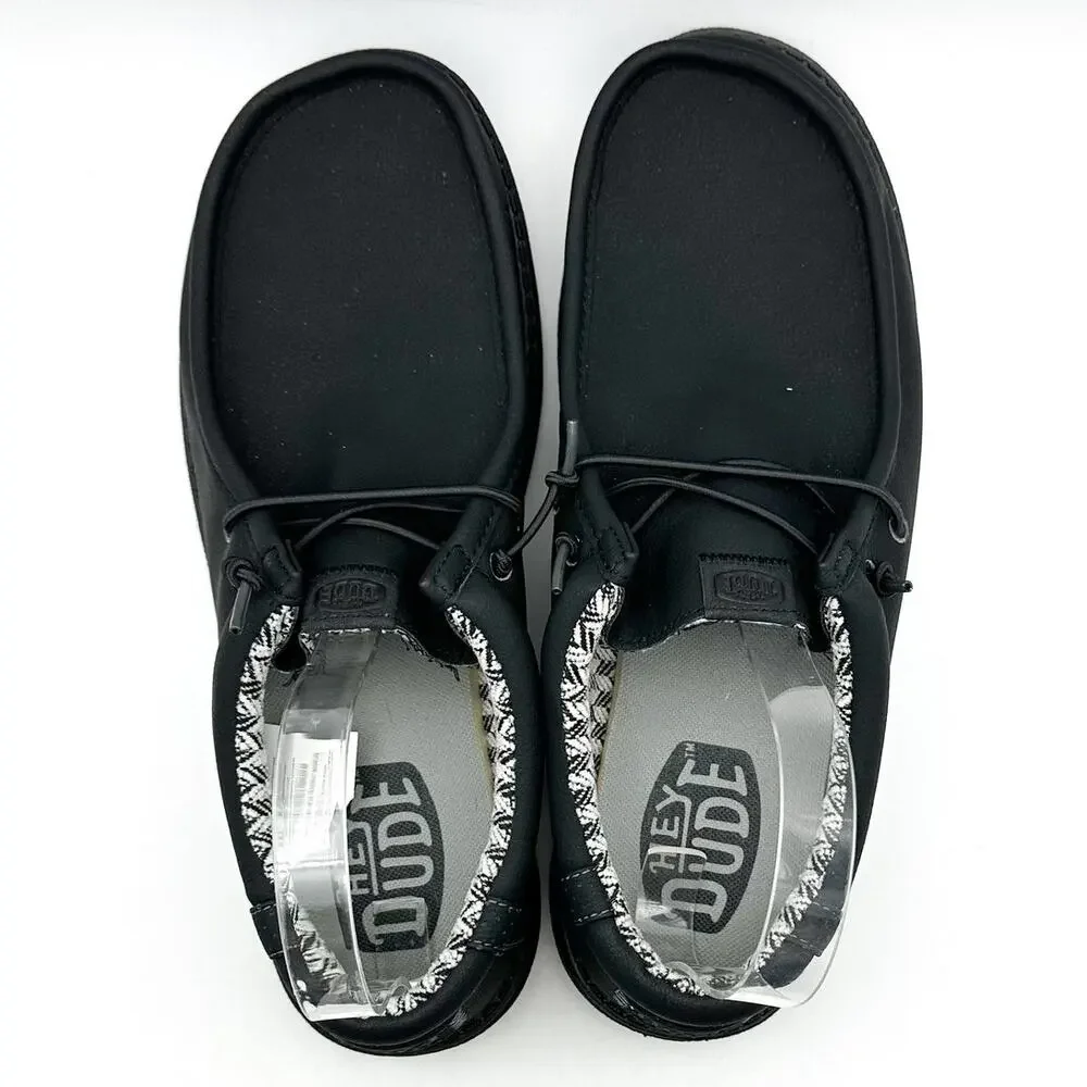 HEY DUDE Mens Wally Classic Sneakers Size 11 Black Faux Leather Slip On NWOB